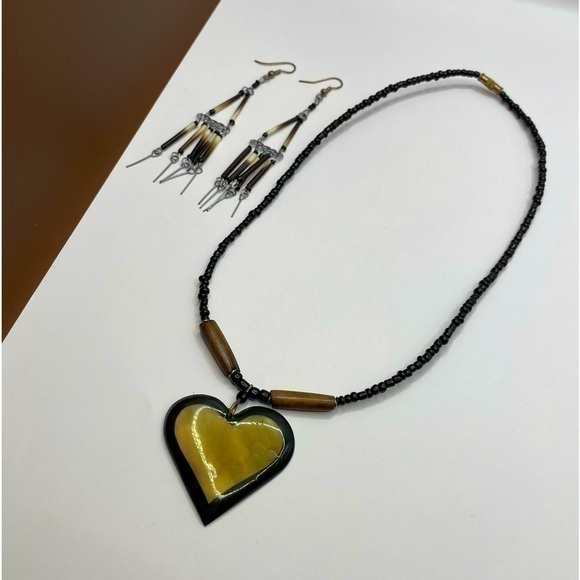 African ❤️ Jewelry Necklace Earrings Artisan Set Kenyan Kenya Beaded Brown Heart - Picture 1 of 9